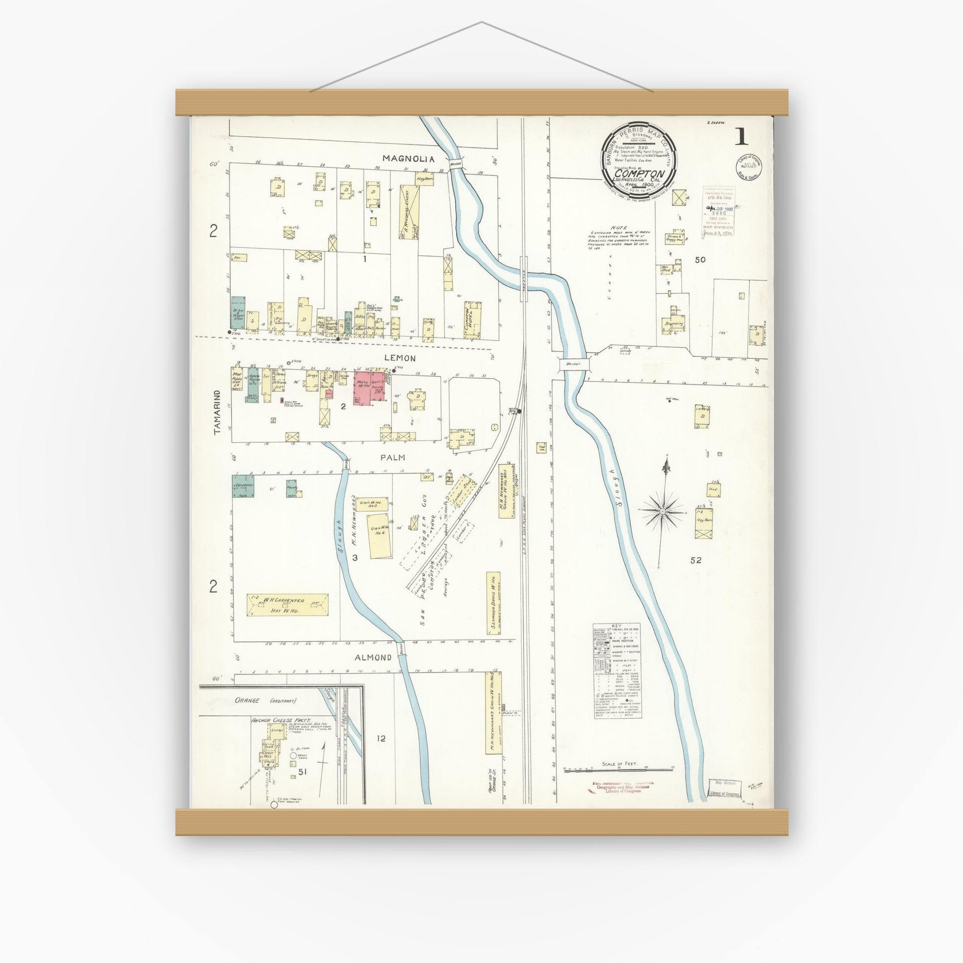 Old map wall art mockup — magnetic wood frame on white wall — Sanborn Fire Insurance Map from Compton, Los Angeles County, California (1900), Sheet #0001