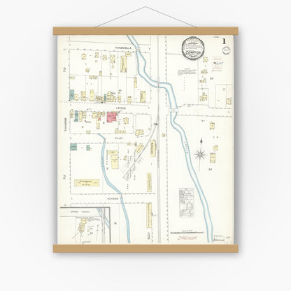 Old map wall art mockup — magnetic wood frame on white wall — Sanborn Fire Insurance Map from Compton, Los Angeles County, California (1900), Sheet #0001