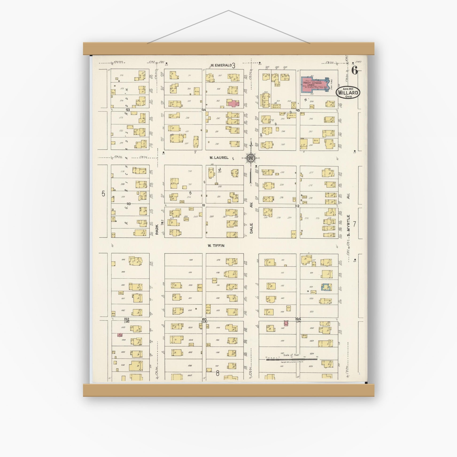 Old map wall art mockup — magnetic wood frame on white wall — Sanborn Fire Insurance Map from Willard, Huron County, Ohio (1922), Sheet #0006