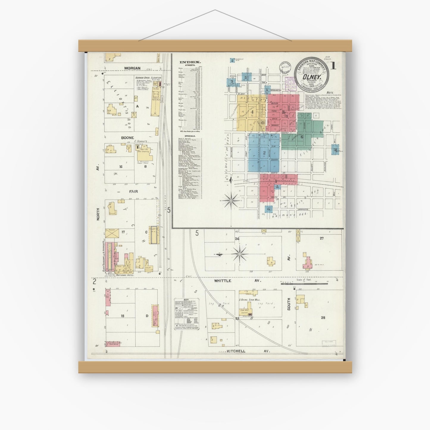 Old map wall art mockup — magnetic wood frame on white wall — Sanborn Fire Insurance Map from Olney, Richland County, Illinois (1902), Sheet #0001
