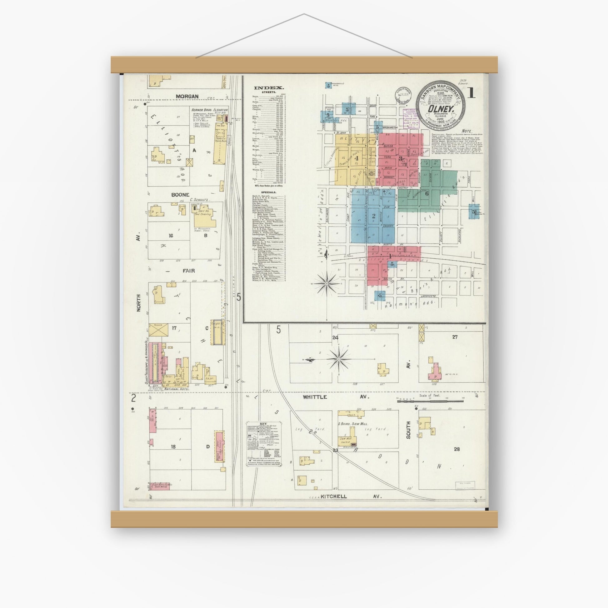 Old map wall art mockup — magnetic wood frame on white wall — Sanborn Fire Insurance Map from Olney, Richland County, Illinois (1902), Sheet #0001