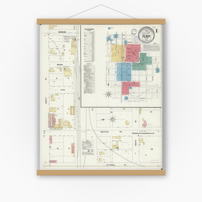 Old map wall art mockup — magnetic wood frame on white wall — Sanborn Fire Insurance Map from Olney, Richland County, Illinois (1902), Sheet #0001