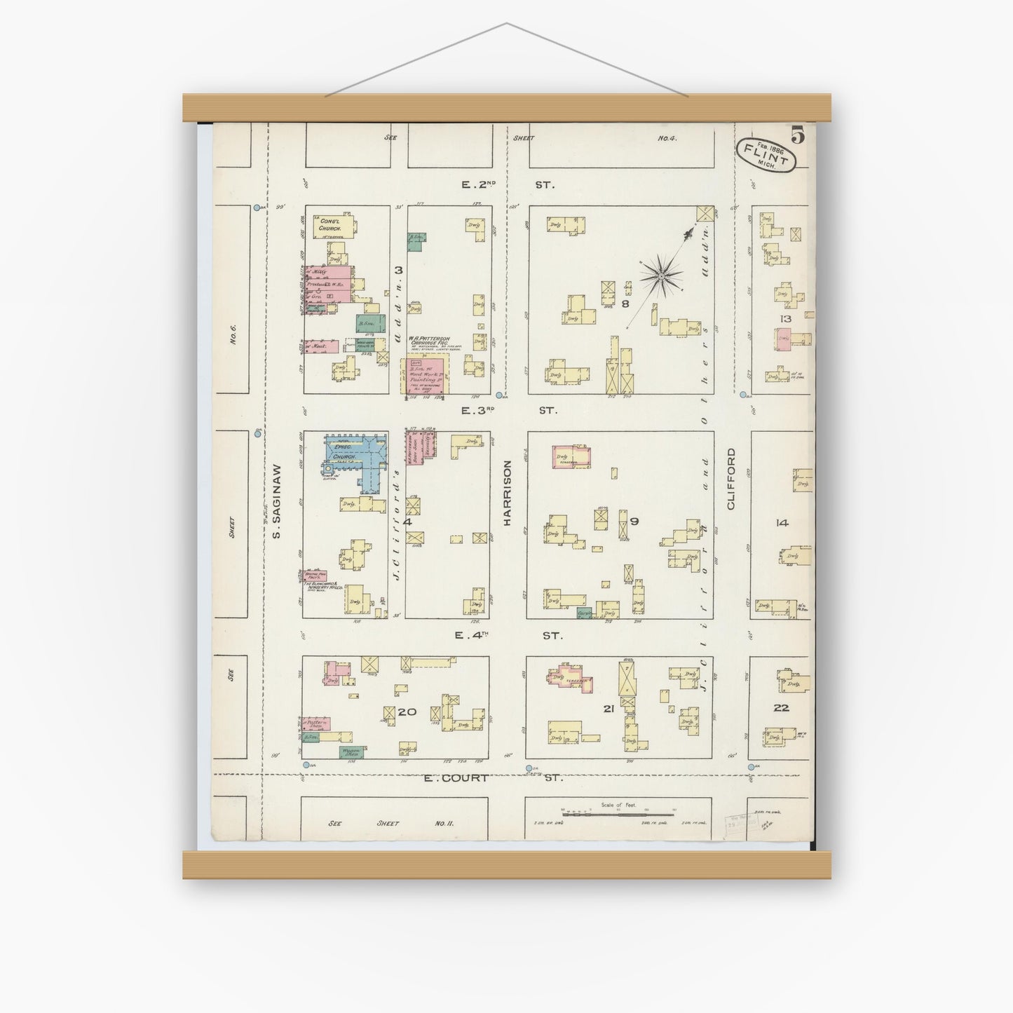 Old map wall art mockup — magnetic wood frame on white wall — Sanborn Fire Insurance Map from Flint, Genesee County, Michigan (1886), Sheet #0005