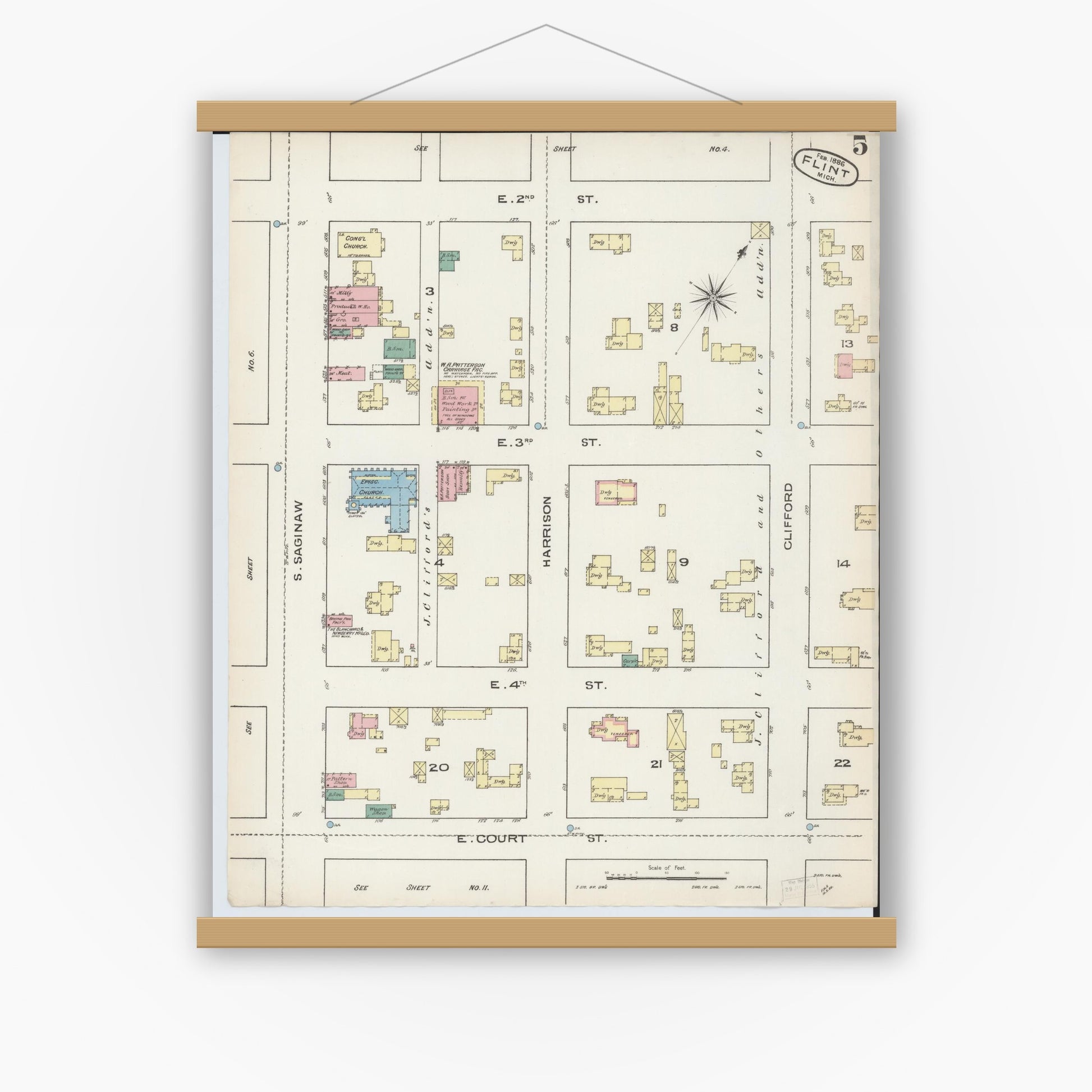 Old map wall art mockup — magnetic wood frame on white wall — Sanborn Fire Insurance Map from Flint, Genesee County, Michigan (1886), Sheet #0005