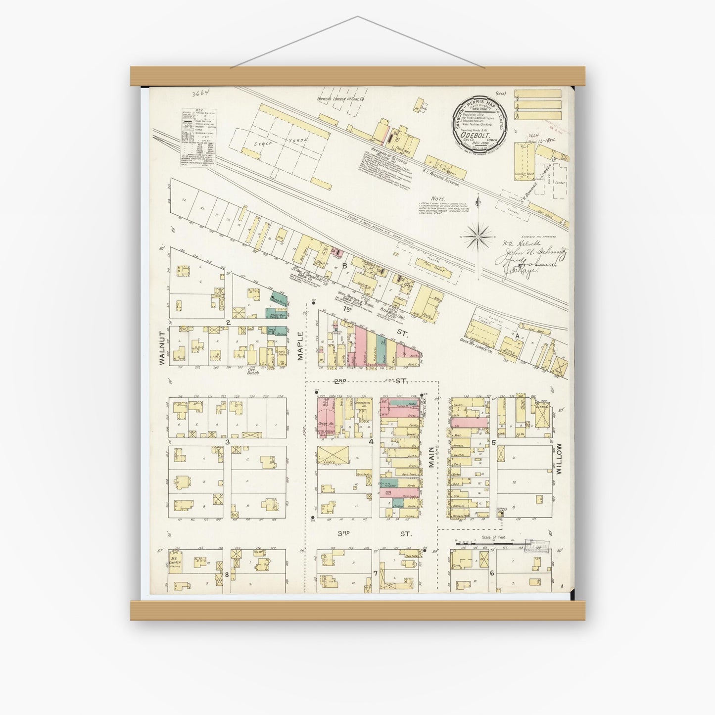 Old map wall art mockup — magnetic wood frame on white wall — Sanborn Fire Insurance Map from Odebolt, Sac County, Iowa (1893), Sheet #0001