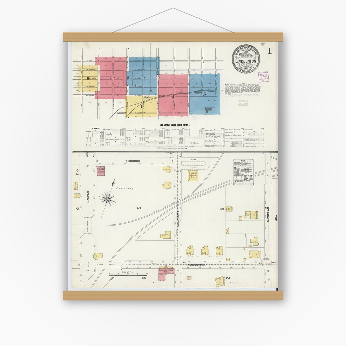 Old map wall art mockup — magnetic wood frame on white wall — Sanborn Fire Insurance Map from Lincolnton, Lincoln County, North Carolina (1906) - Complete Map Set