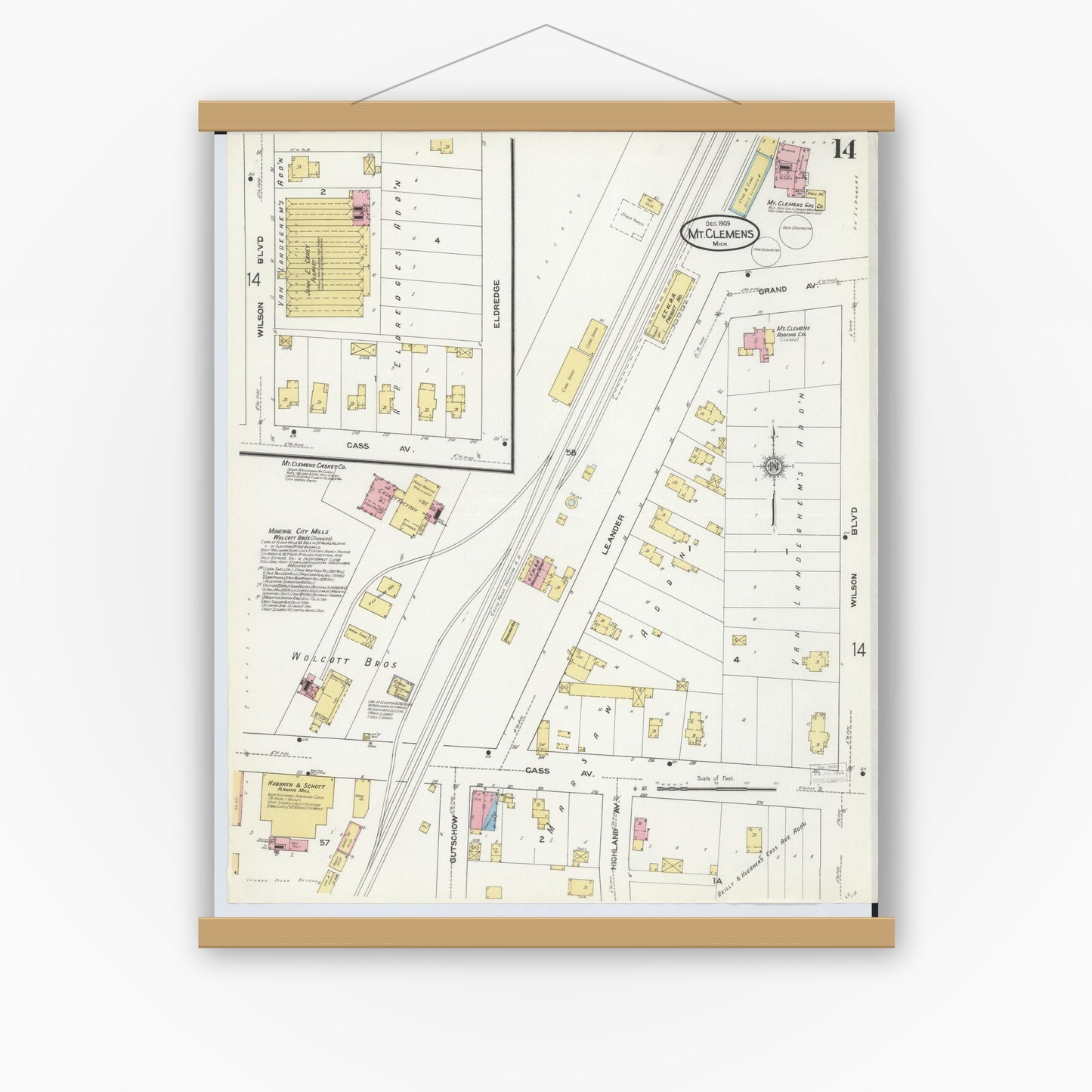 Old map wall art mockup — magnetic wood frame on white wall — Sanborn Fire Insurance Map from Mount Clemens, Macomb County, Michigan (1909), Sheet #0014