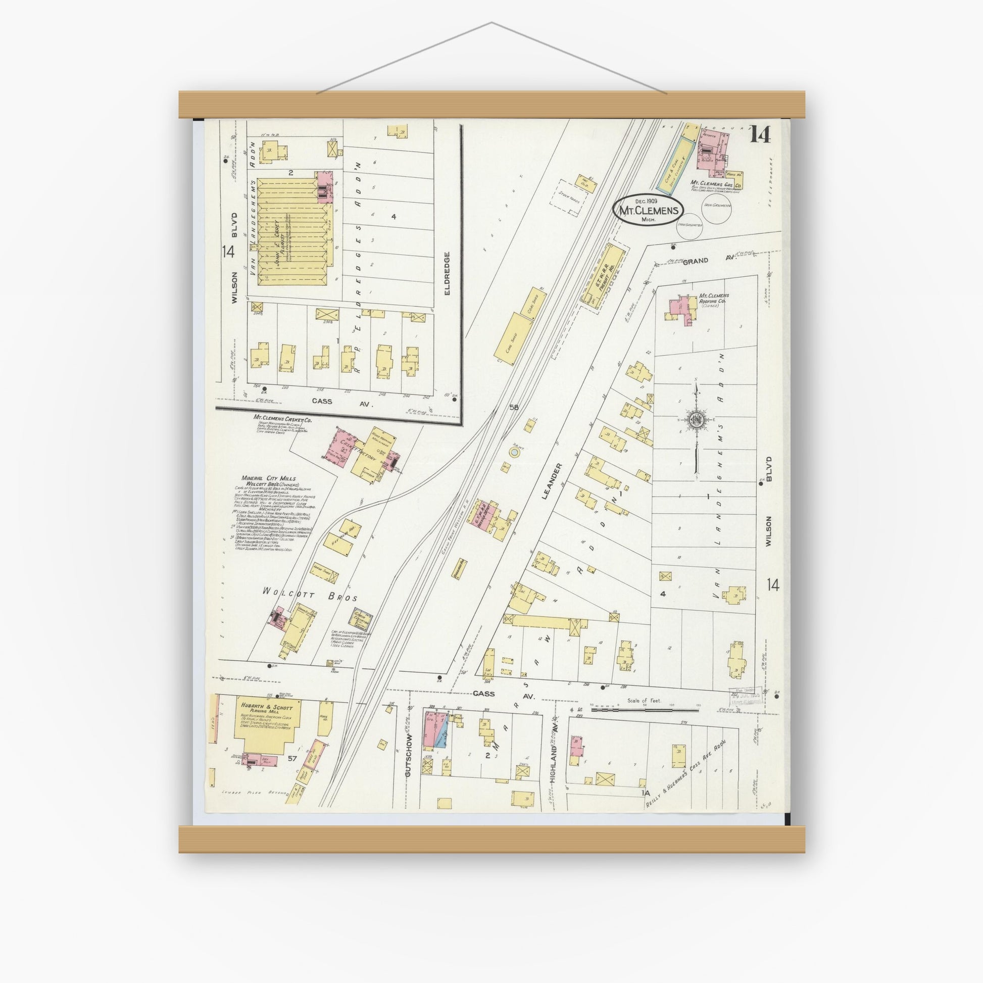 Old map wall art mockup — magnetic wood frame on white wall — Sanborn Fire Insurance Map from Mount Clemens, Macomb County, Michigan (1909), Sheet #0014