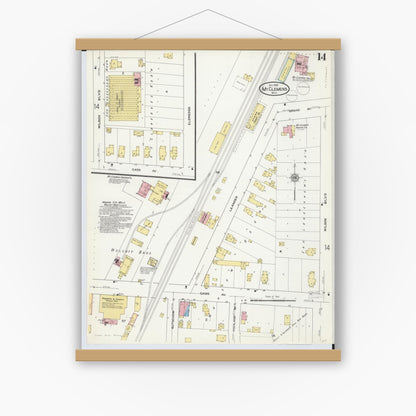 Old map wall art mockup — magnetic wood frame on white wall — Sanborn Fire Insurance Map from Mount Clemens, Macomb County, Michigan (1909), Sheet #0014