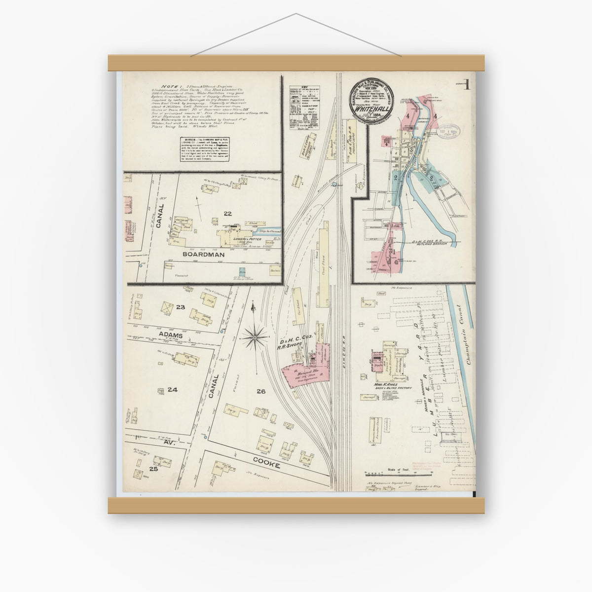 Old map wall art mockup — magnetic wood frame on white wall — Sanborn Fire Insurance Map from Whitehall, Washington County, New York (1884) - Complete Map Set
