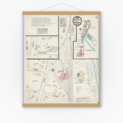 Old map wall art mockup — magnetic wood frame on white wall — Sanborn Fire Insurance Map from Whitehall, Washington County, New York (1884) - Complete Map Set