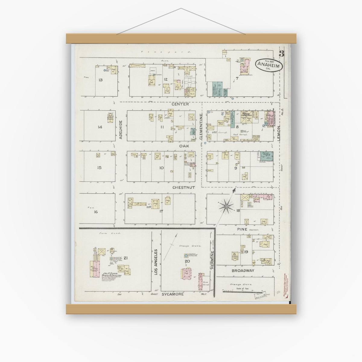 Old map wall art mockup — magnetic wood frame on white wall — Sanborn Fire Insurance Map from Anaheim, Orange County, California (1887), Sheet #0003