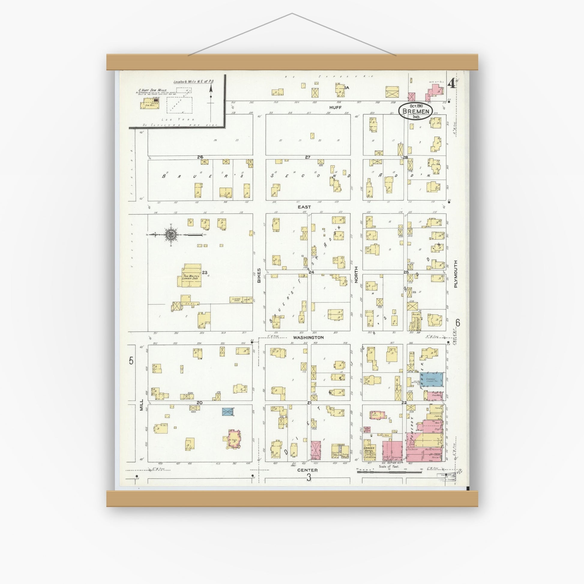 Old map wall art mockup — magnetic wood frame on white wall — Sanborn Fire Insurance Map from Bremen, Marshall County, Indiana (1910), Sheet #0004