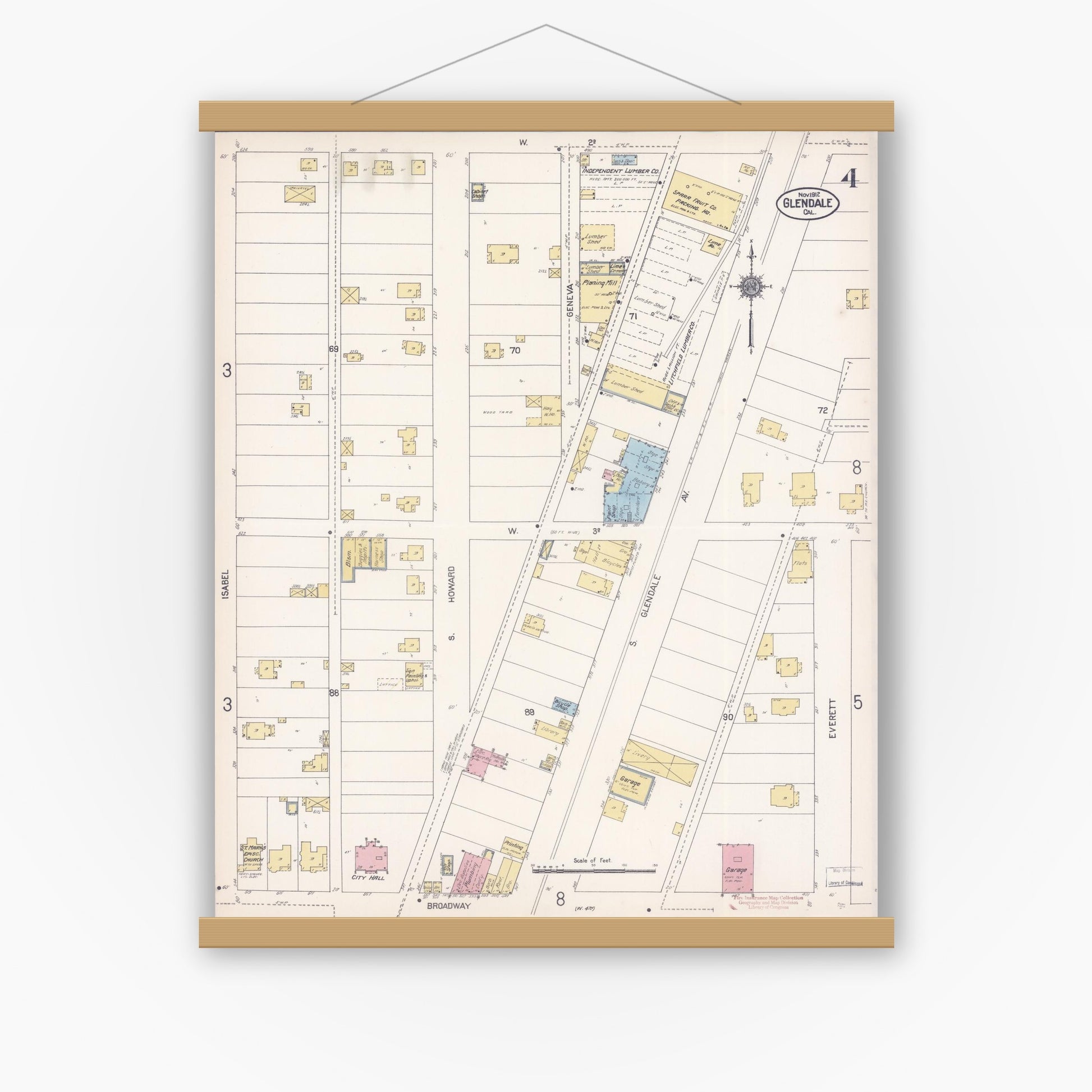 Old map wall art mockup — magnetic wood frame on white wall — Sanborn Fire Insurance Map from Glendale, Los Angeles County, California (1912), Sheet #0004