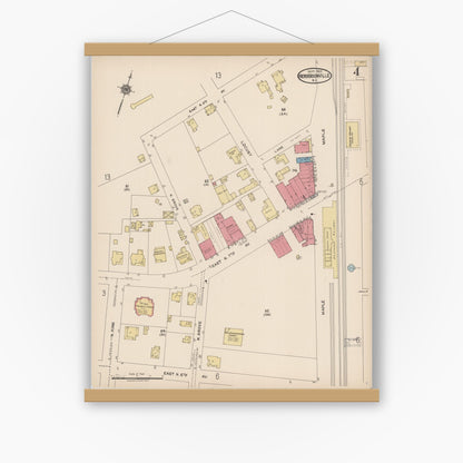 Old map wall art mockup — magnetic wood frame on white wall — Sanborn Fire Insurance Map from Hendersonville, Henderson County, North Carolina (1922), Sheet #0004
