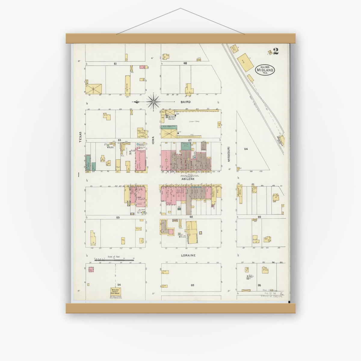 Old map wall art mockup — magnetic wood frame on white wall — Sanborn Fire Insurance Map from Midland, Midland County, Texas (1905), Sheet #0002