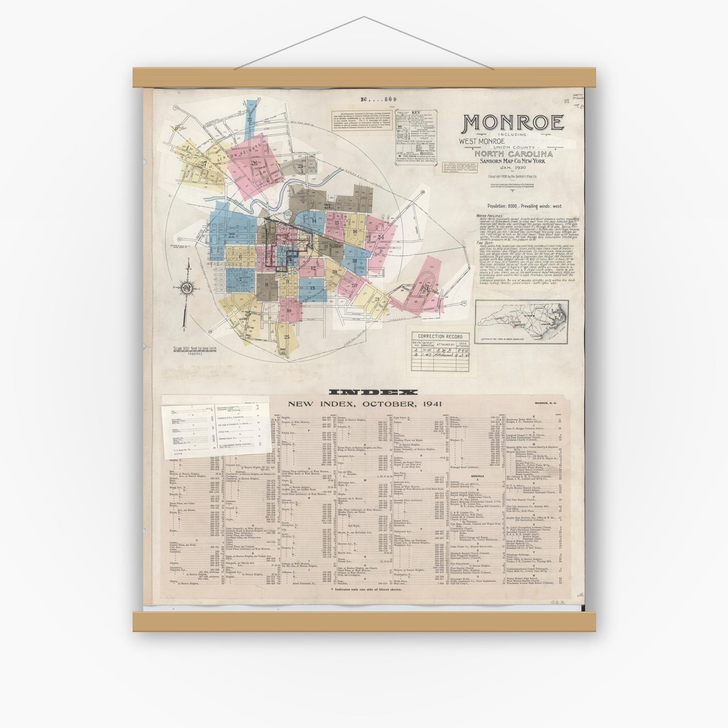 Old map wall art mockup — magnetic wood frame on white wall — Sanborn Fire Insurance Map from Monroe, Union County, North Carolina (1947), Sheet #0001