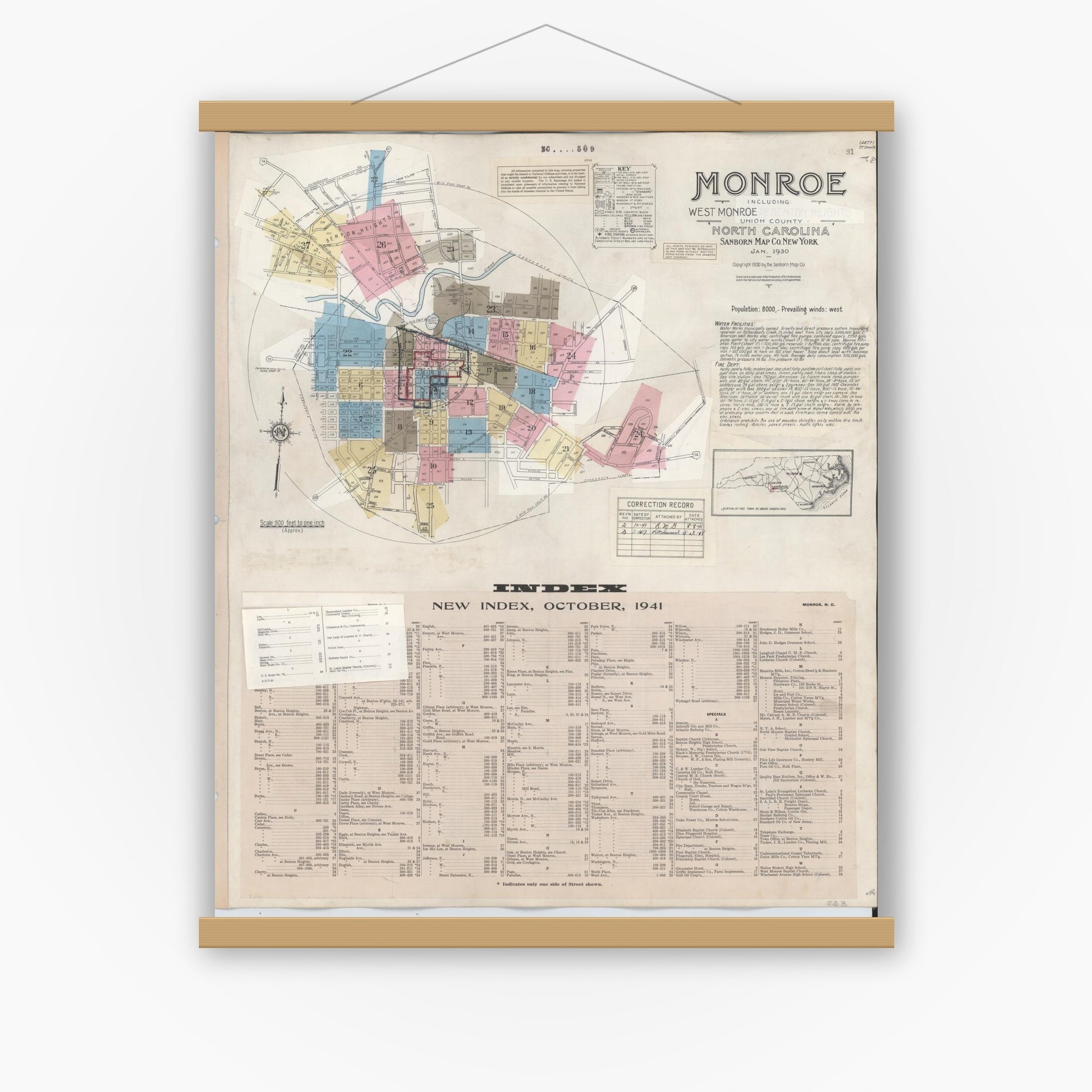 Old map wall art mockup — magnetic wood frame on white wall — Sanborn Fire Insurance Map from Monroe, Union County, North Carolina (1947), Sheet #0001