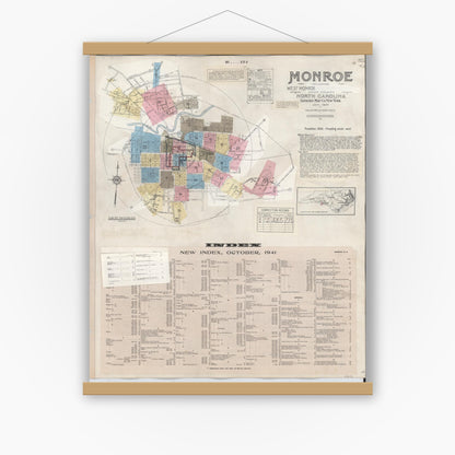 Old map wall art mockup — magnetic wood frame on white wall — Sanborn Fire Insurance Map from Monroe, Union County, North Carolina (1947), Sheet #0001