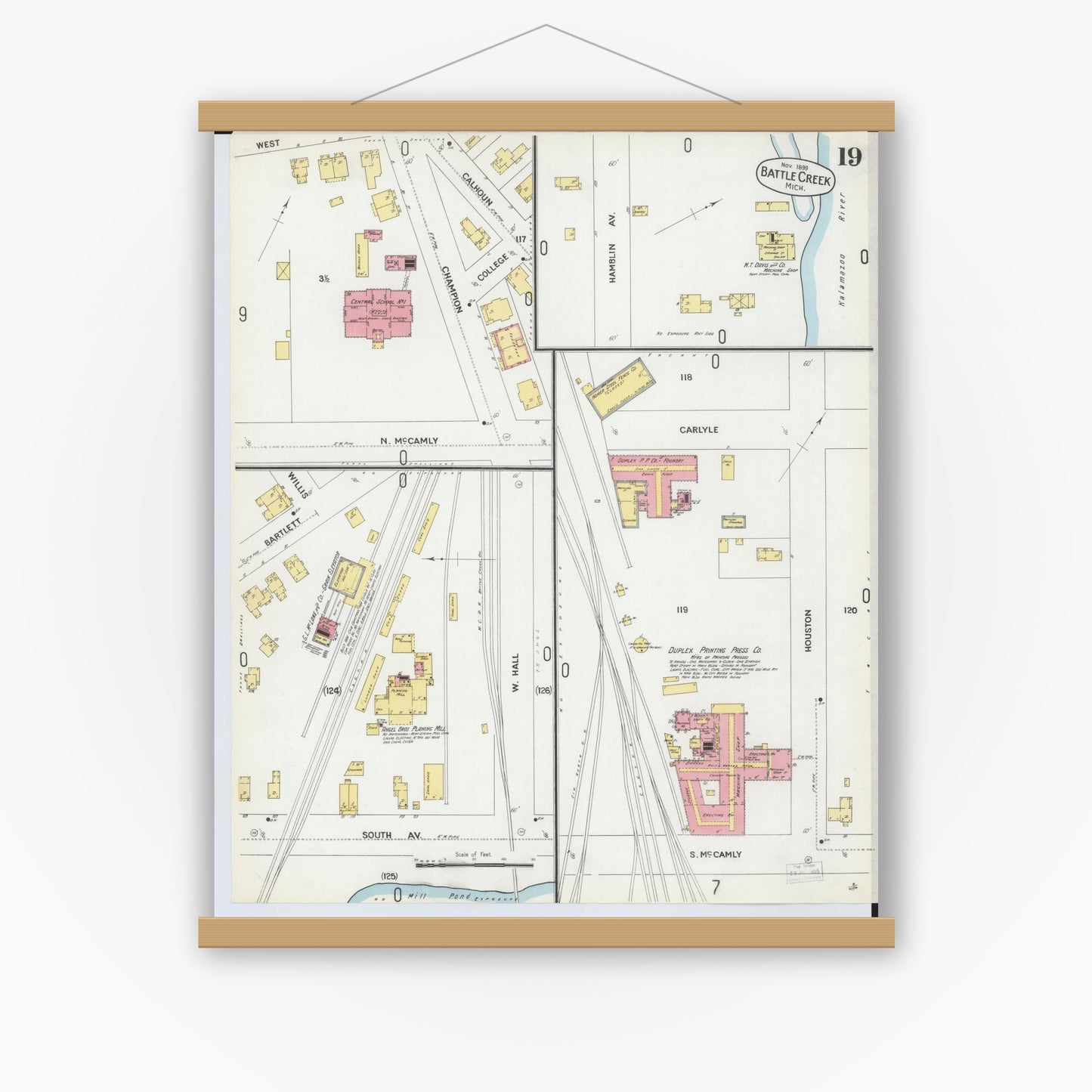 Old map wall art mockup — magnetic wood frame on white wall — Sanborn Fire Insurance Map from Battle Creek, Calhoun County, Michigan (1899), Sheet #0019
