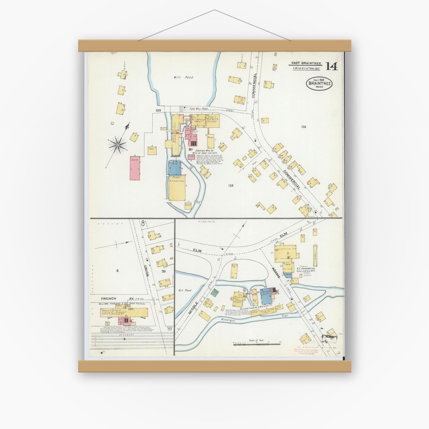 Old map wall art mockup — magnetic wood frame on white wall — Sanborn Fire Insurance Map from Braintree, Norfolk County, Massachusetts (1906), Sheet #0014
