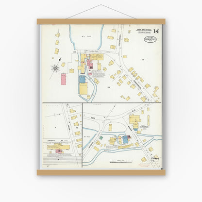 Old map wall art mockup — magnetic wood frame on white wall — Sanborn Fire Insurance Map from Braintree, Norfolk County, Massachusetts (1906), Sheet #0014