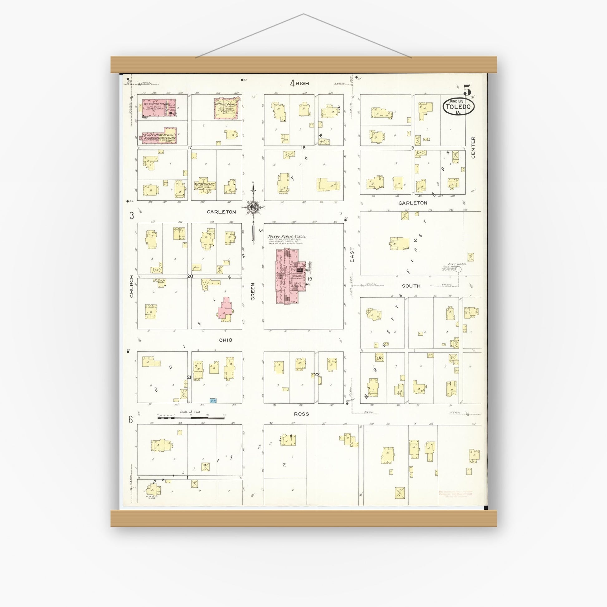 Old map wall art mockup — magnetic wood frame on white wall — Sanborn Fire Insurance Map from Toledo, Tama County, Iowa (1915), Sheet #0005