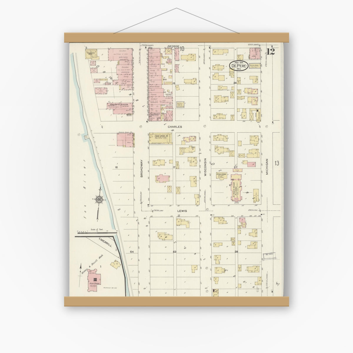Old map wall art mockup — magnetic wood frame on white wall — Sanborn Fire Insurance Map from De Pere, Brown County, Wisconsin (1914), Sheet #0012