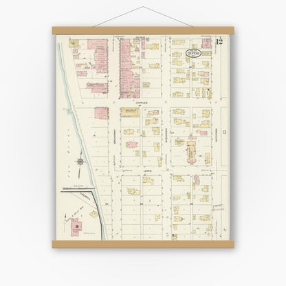 Old map wall art mockup — magnetic wood frame on white wall — Sanborn Fire Insurance Map from De Pere, Brown County, Wisconsin (1914), Sheet #0012