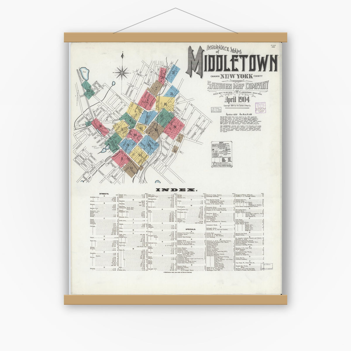 Old map wall art mockup — magnetic wood frame on white wall — Sanborn Fire Insurance Map from Middletown, Orange County, New York (1904), Sheet #0001
