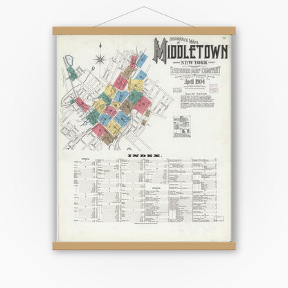 Old map wall art mockup — magnetic wood frame on white wall — Sanborn Fire Insurance Map from Middletown, Orange County, New York (1904), Sheet #0001