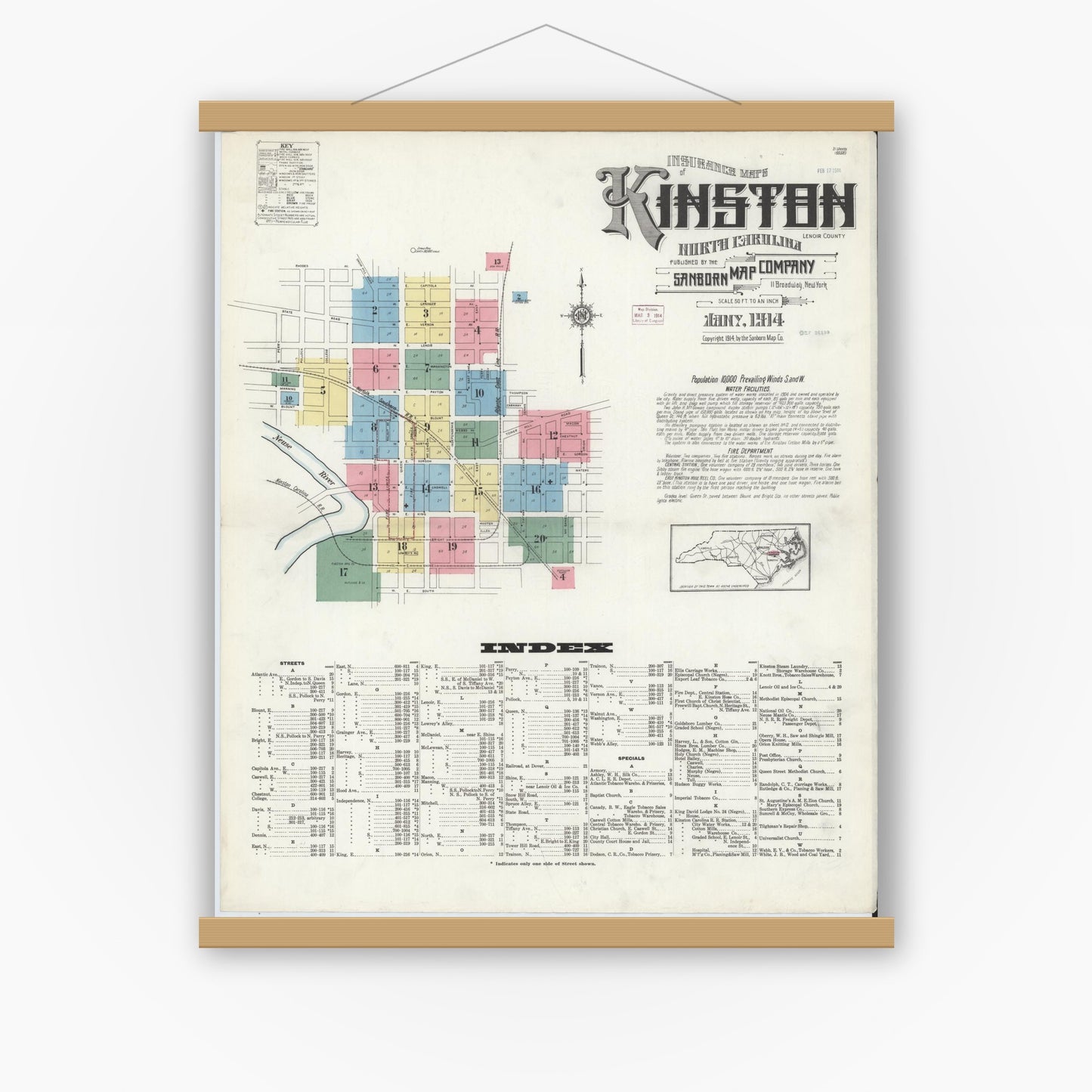 Old map wall art mockup — magnetic wood frame on white wall — Sanborn Fire Insurance Map from Kinston, Lenoir County, North Carolina (1914) - Complete Map Set