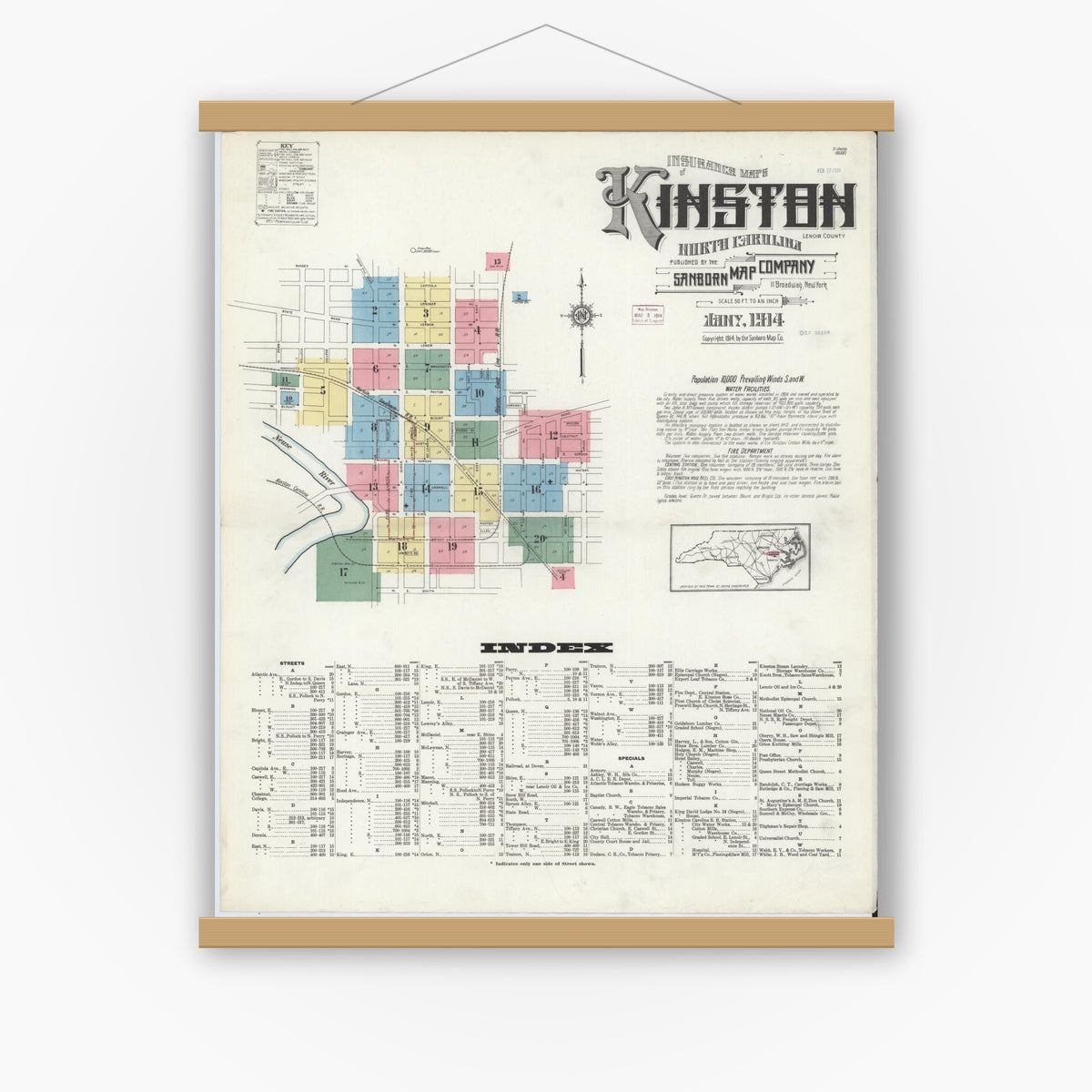 Old map wall art mockup — magnetic wood frame on white wall — Sanborn Fire Insurance Map from Kinston, Lenoir County, North Carolina (1914) - Complete Map Set
