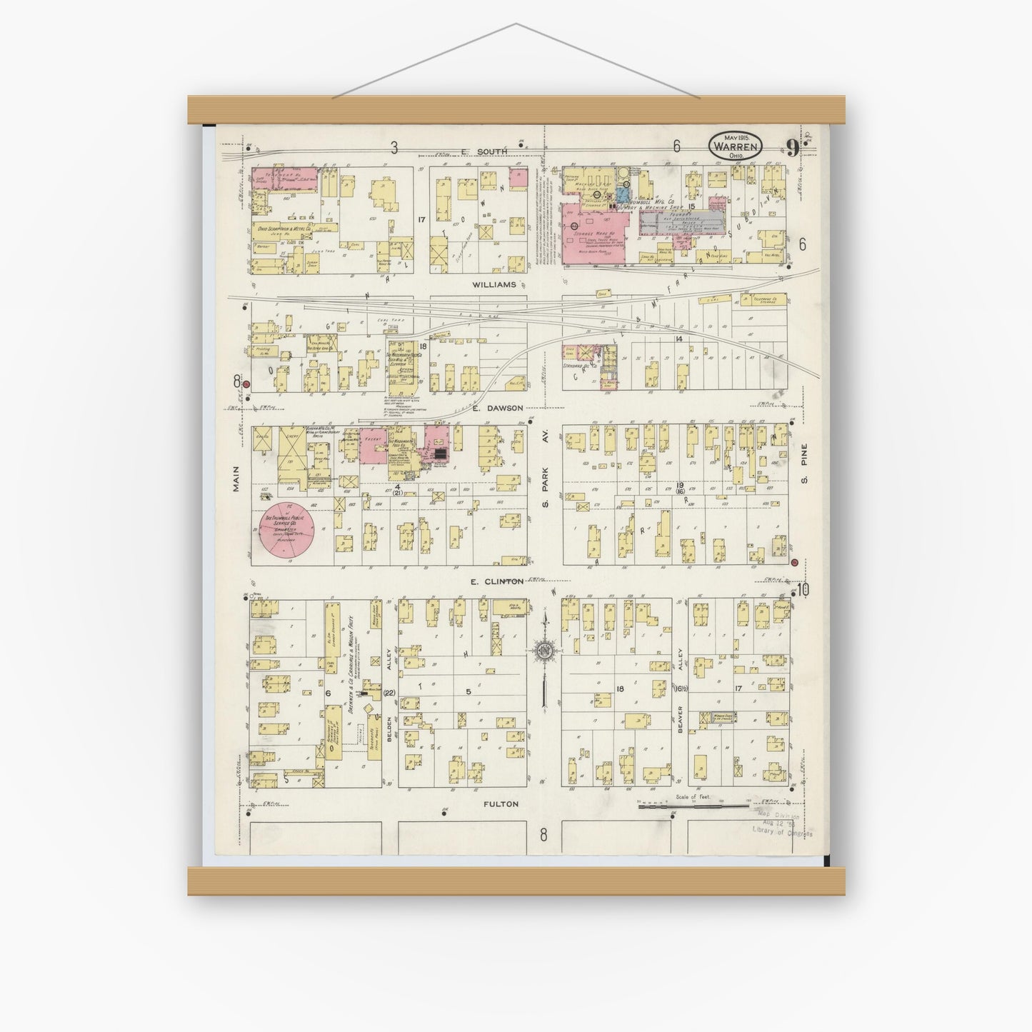 Old map wall art mockup — magnetic wood frame on white wall — Sanborn Fire Insurance Map from Warren, Trumbull County, Ohio (1915), Sheet #0009