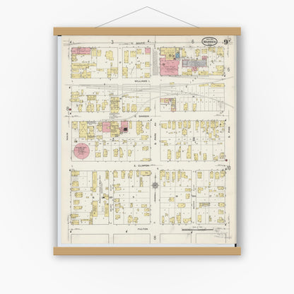 Old map wall art mockup — magnetic wood frame on white wall — Sanborn Fire Insurance Map from Warren, Trumbull County, Ohio (1915), Sheet #0009
