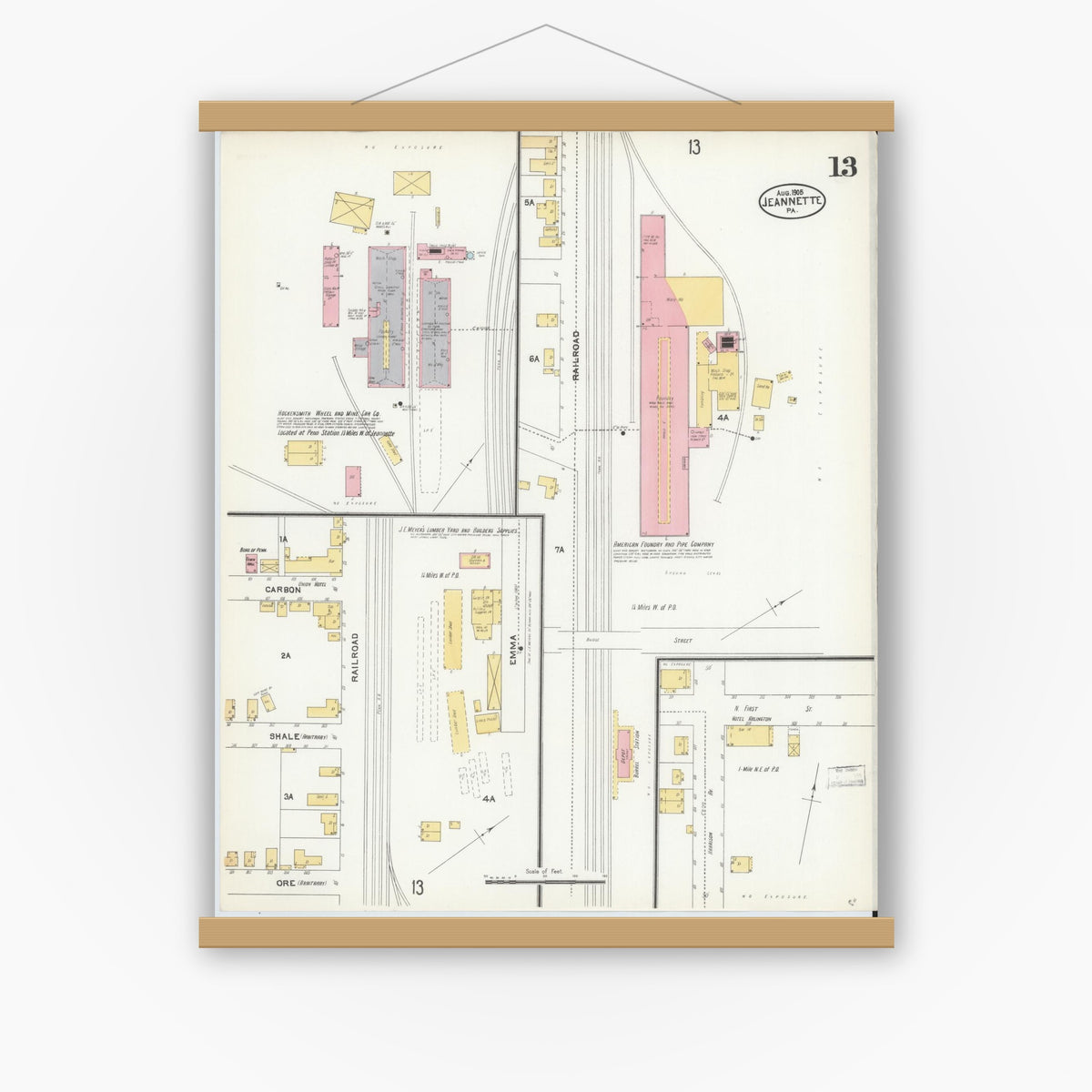 Old map wall art mockup — magnetic wood frame on white wall — Sanborn Fire Insurance Map from Jeannette, Westmoreland County, Pennsylvania (1905), Sheet #0013