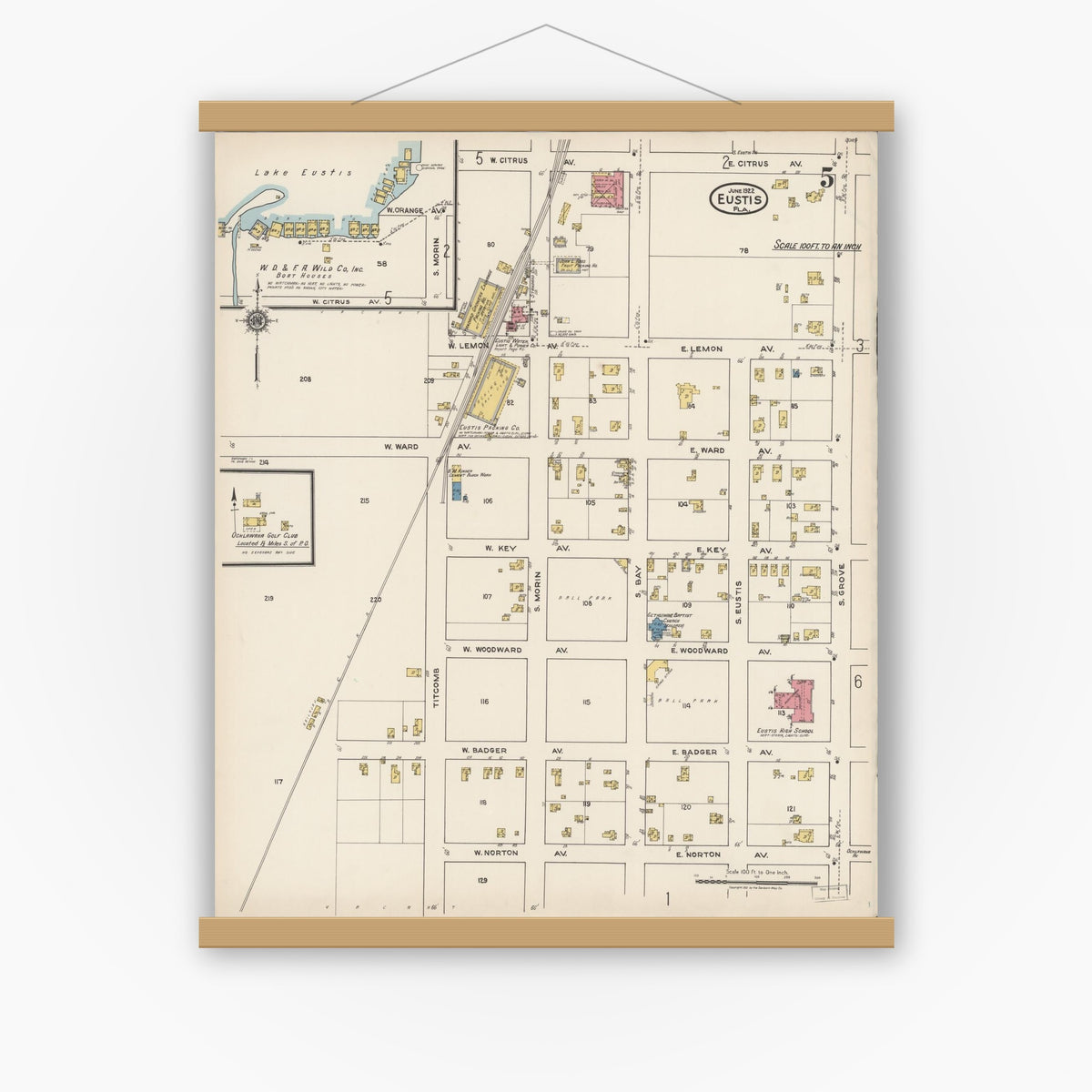 Old map wall art mockup — magnetic wood frame on white wall — Sanborn Fire Insurance Map from Eustis, Lake County, Florida (1922), Sheet #0005