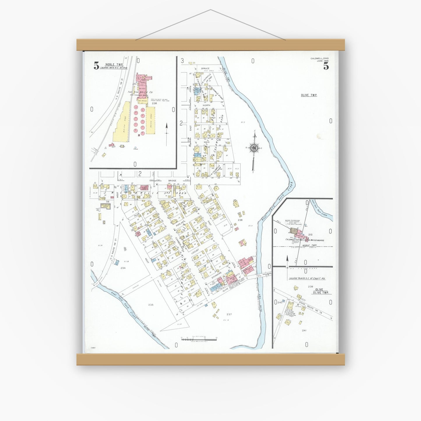 Old map wall art mockup — magnetic wood frame on white wall — Sanborn Fire Insurance Map from Caldwell, Noble County, Ohio (1948), Sheet #0005