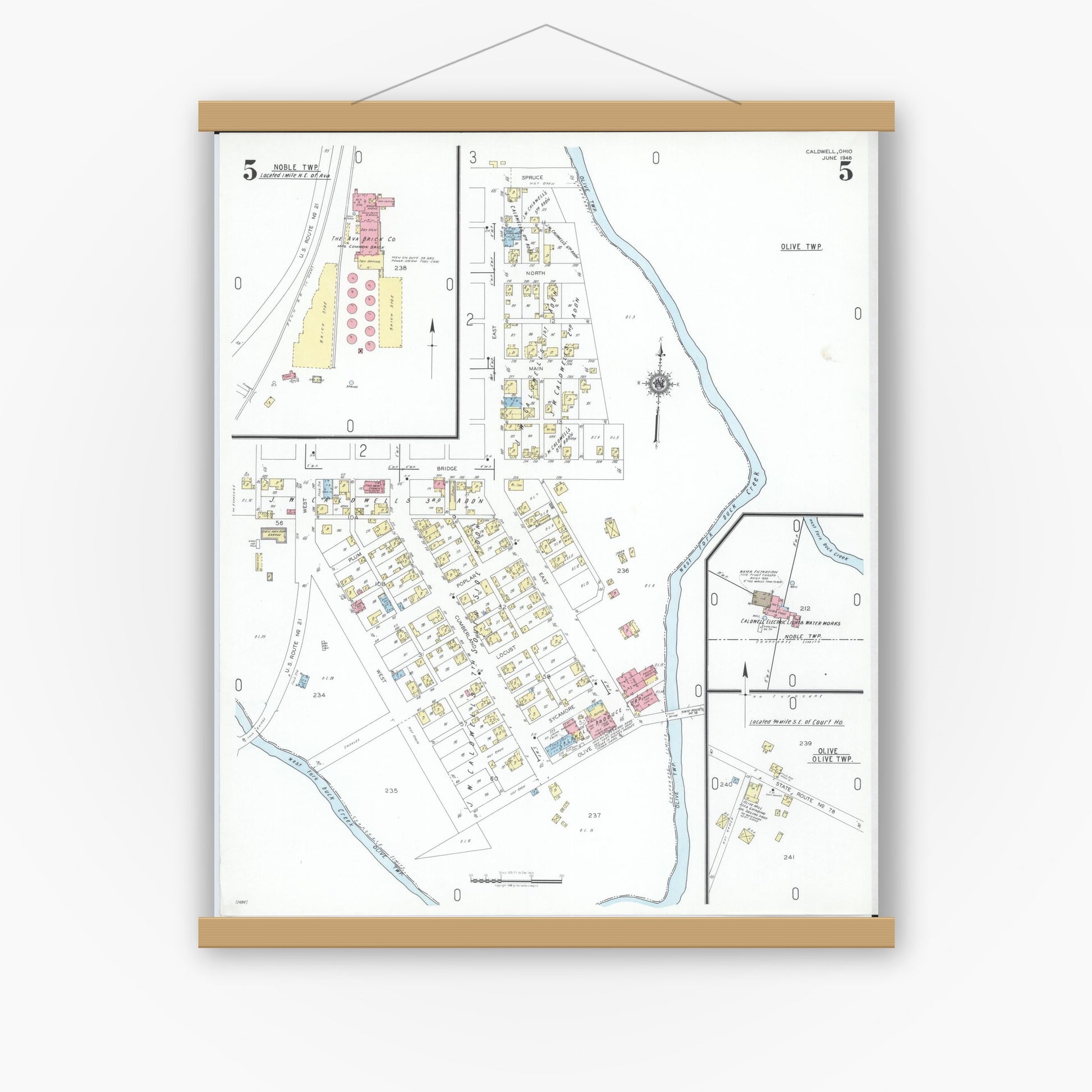 Old map wall art mockup — magnetic wood frame on white wall — Sanborn Fire Insurance Map from Caldwell, Noble County, Ohio (1948), Sheet #0005
