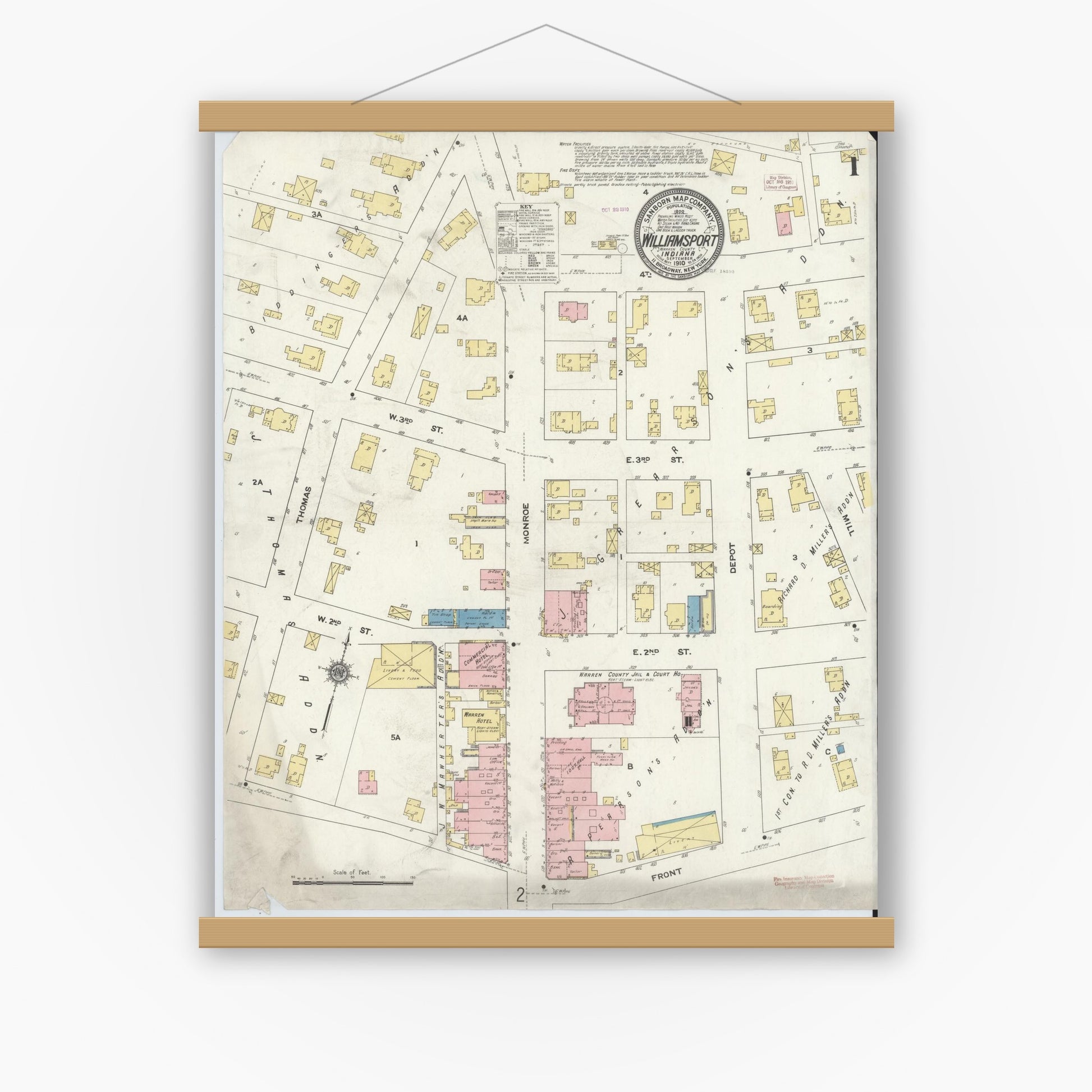 Old map wall art mockup — magnetic wood frame on white wall — Sanborn Fire Insurance Map from Williamsport, Warren County, Indiana (1910) - Complete Map Set