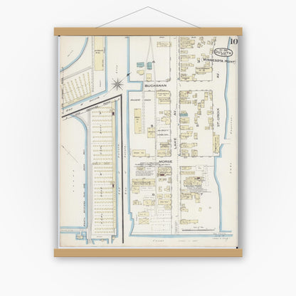 Old map wall art mockup — magnetic wood frame on white wall — Sanborn Fire Insurance Map from Duluth, Saint Louis County, Minnesota (1885), Sheet #0010