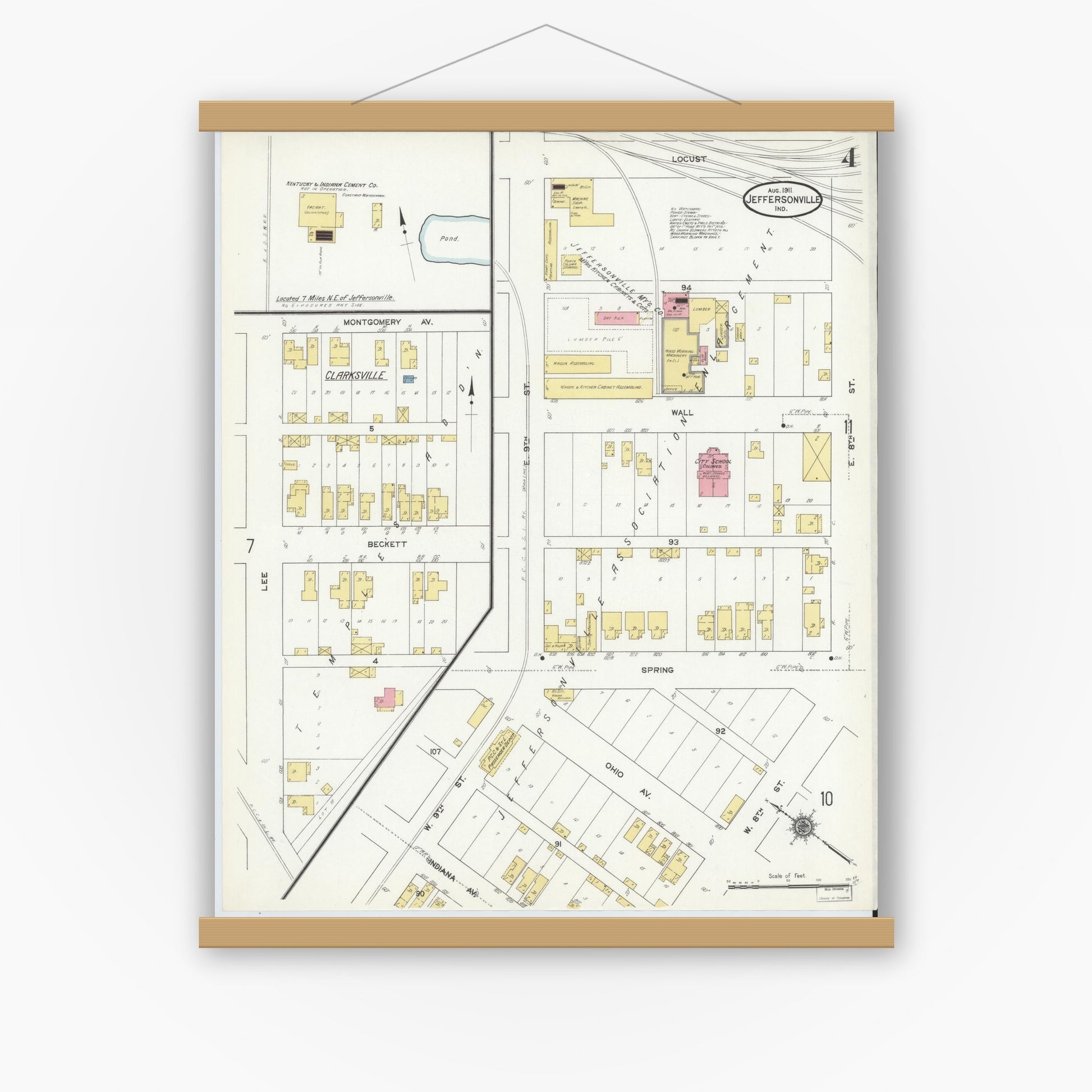 Old map wall art mockup — magnetic wood frame on white wall — Sanborn Fire Insurance Map from Jeffersonville, Clark County, Indiana (1911), Sheet #0004