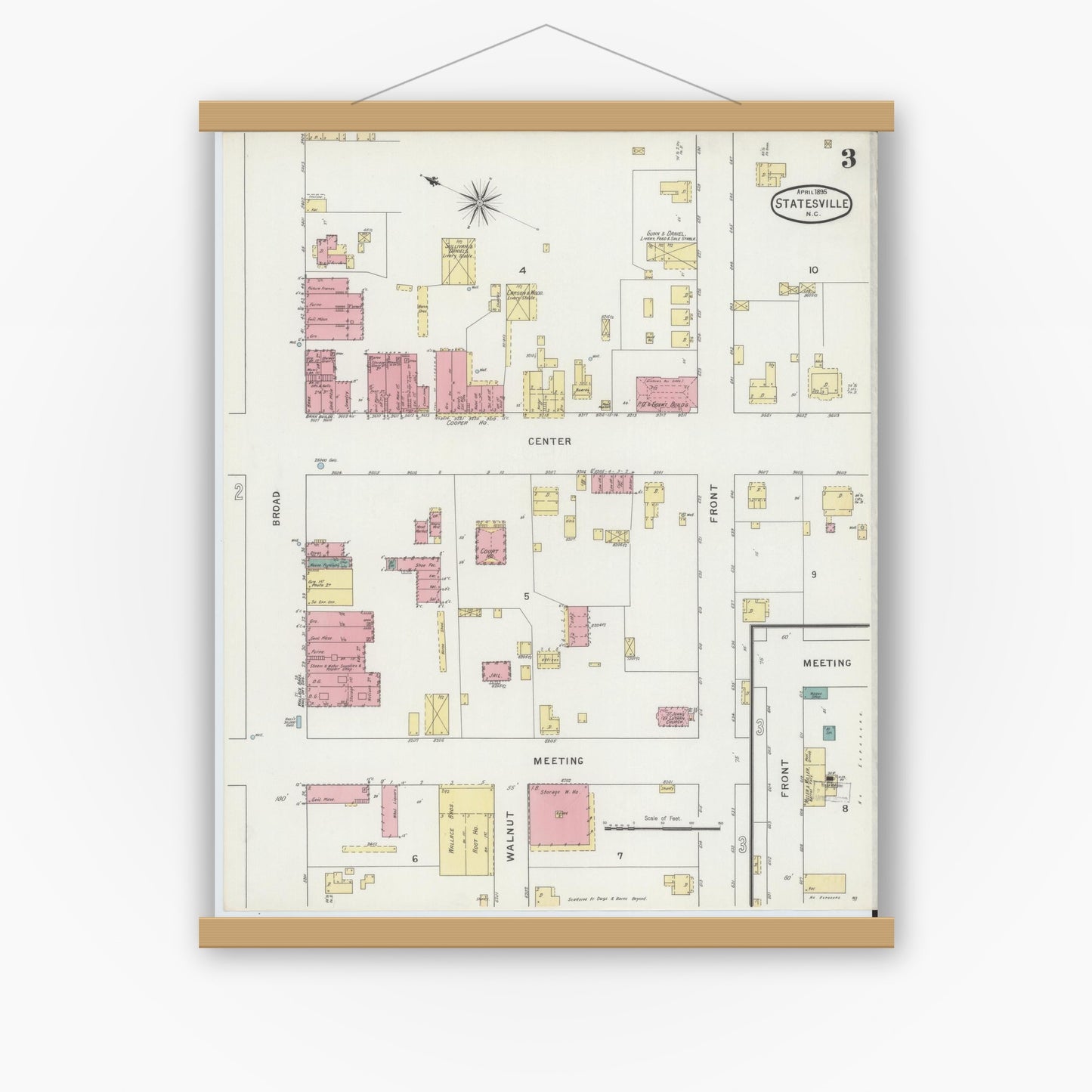 Old map wall art mockup — magnetic wood frame on white wall — Sanborn Fire Insurance Map from Statesville, Iredell County, North Carolina (1895), Sheet #0003