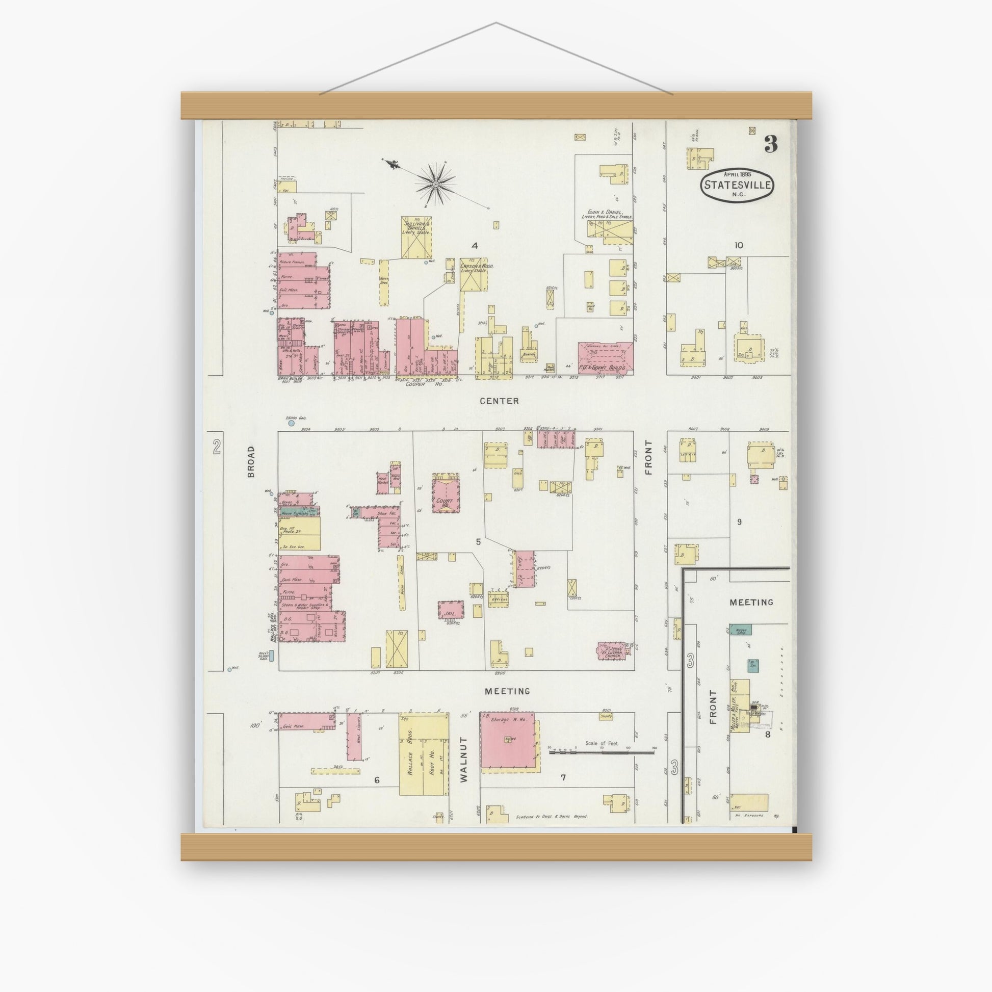 Old map wall art mockup — magnetic wood frame on white wall — Sanborn Fire Insurance Map from Statesville, Iredell County, North Carolina (1895), Sheet #0003