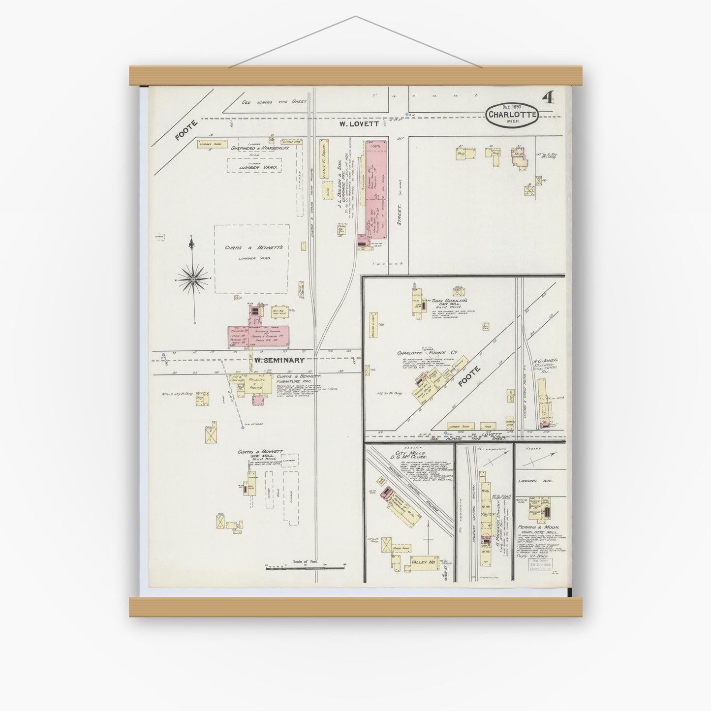 Old map wall art mockup — magnetic wood frame on white wall — Sanborn Fire Insurance Map from Charlotte, Eaton County, Michigan (1890), Sheet #0004