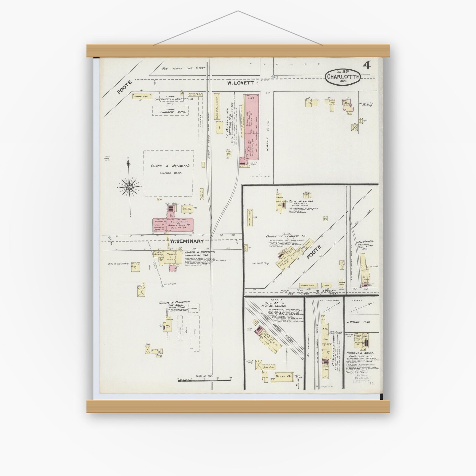 Old map wall art mockup — magnetic wood frame on white wall — Sanborn Fire Insurance Map from Charlotte, Eaton County, Michigan (1890), Sheet #0004