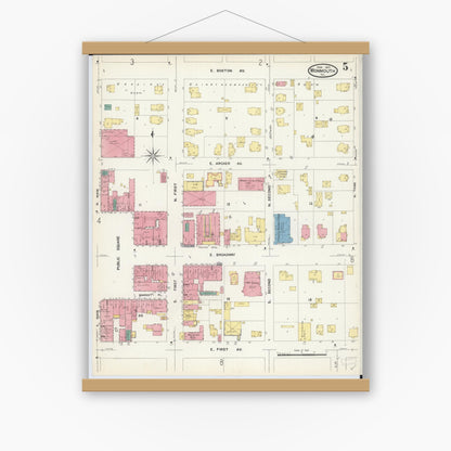 Old map wall art mockup — magnetic wood frame on white wall — Sanborn Fire Insurance Map from Monmouth, Warren County, Illinois (1907), Sheet #0005