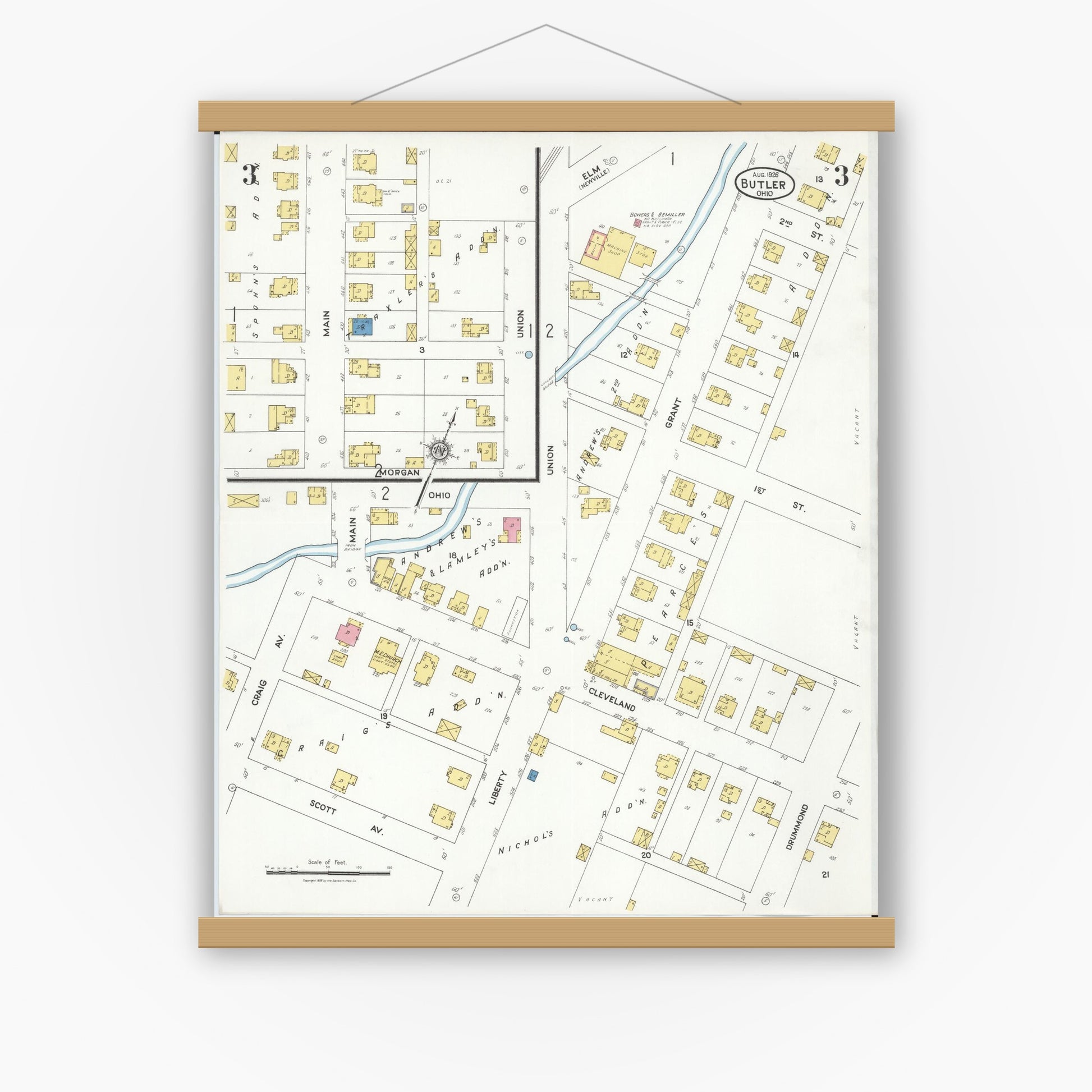 Old map wall art mockup — magnetic wood frame on white wall — Sanborn Fire Insurance Map from Butler, Richland County, Ohio (1926), Sheet #0003
