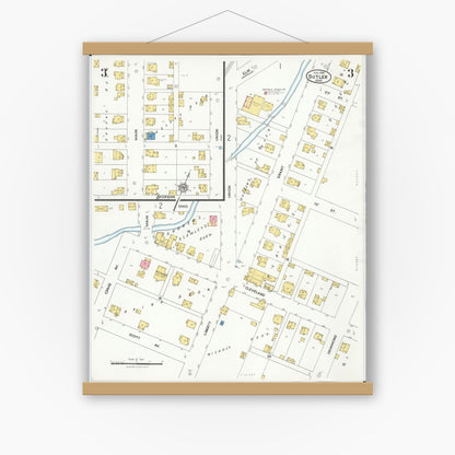 Old map wall art mockup — magnetic wood frame on white wall — Sanborn Fire Insurance Map from Butler, Richland County, Ohio (1926), Sheet #0003