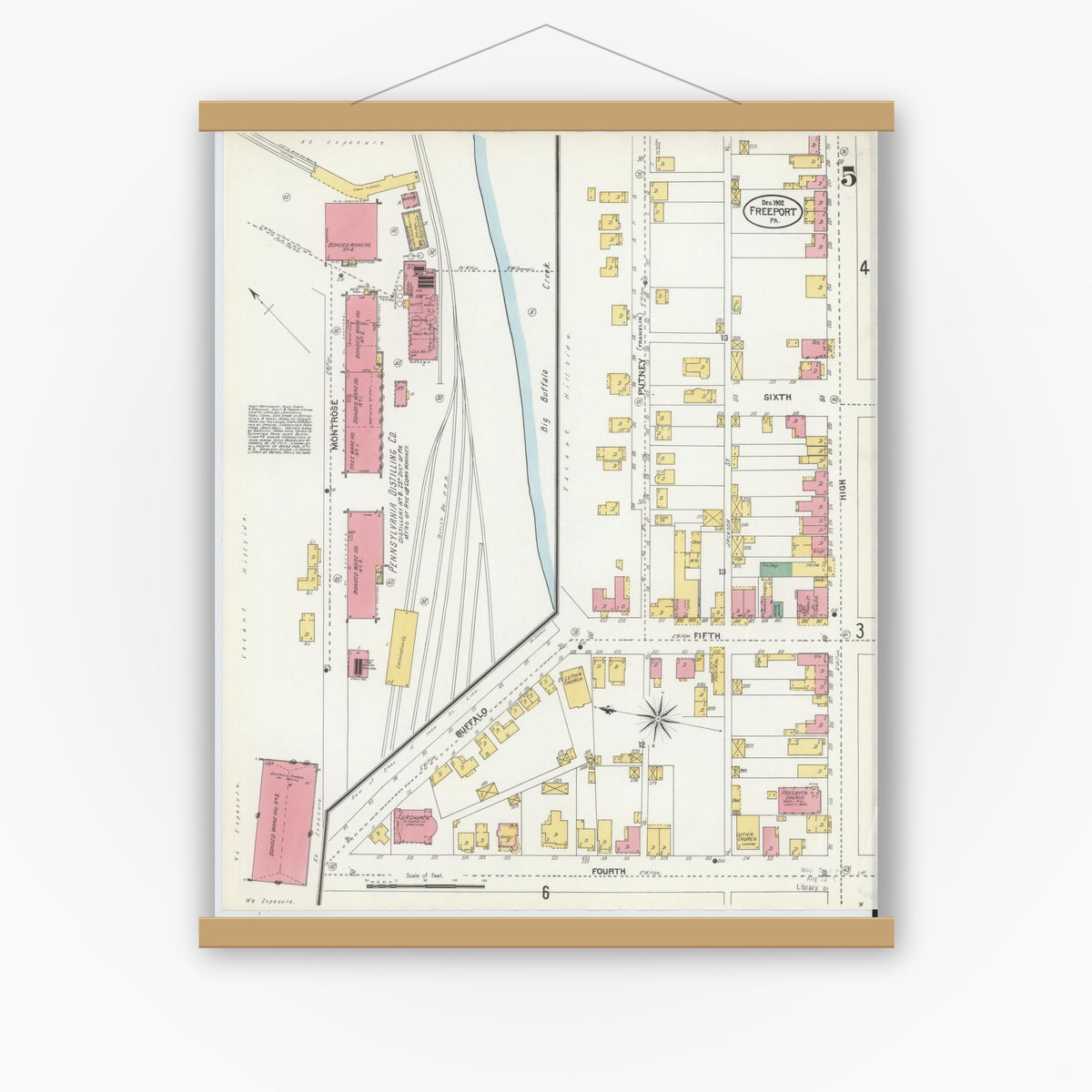 Old map wall art mockup — magnetic wood frame on white wall — Sanborn Fire Insurance Map from Freeport, Armstrong County, Pennsylvania (1902), Sheet #0005